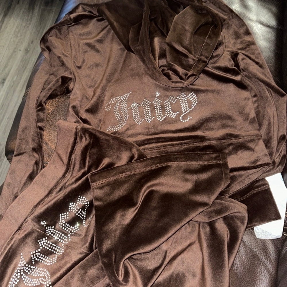 Juicy Couture Brown Rhinestone Velour Hoodie Set